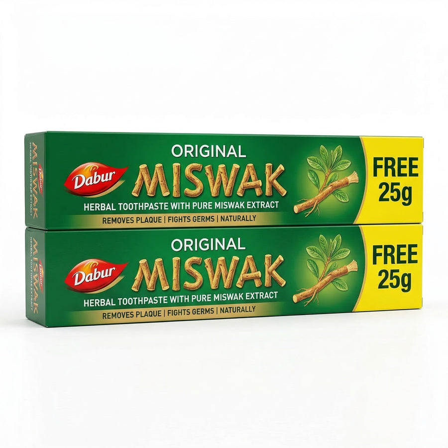 Lot de 2 Dabur Miswak Dentifrice sans fluor – (50 g + 25 g) – Extrait d’Al-Arak – produit naturel présenté par Natureluxy