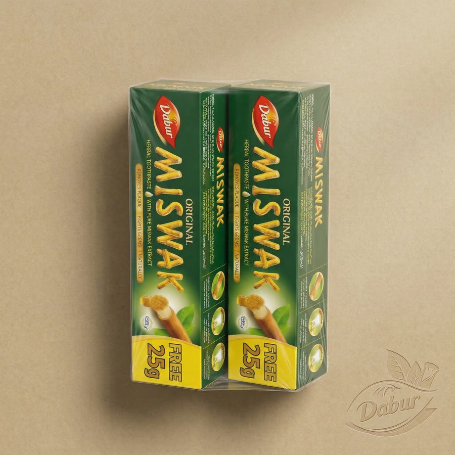 Lot de 2 Dabur Miswak Dentifrice sans fluor – (50 g + 25 g) – Extrait d’Al-Arak – produit naturel présenté par Natureluxy