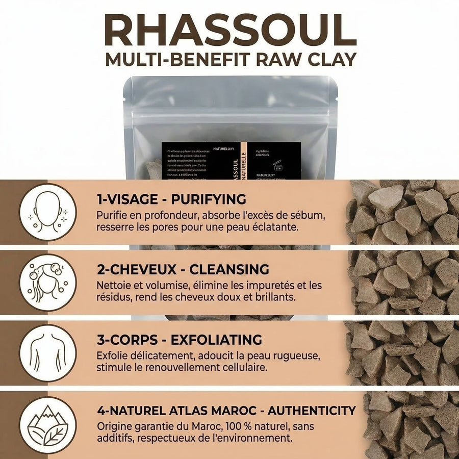 1kg Ghassoul du Maroc en vrac – produit naturel présenté par Natureluxy