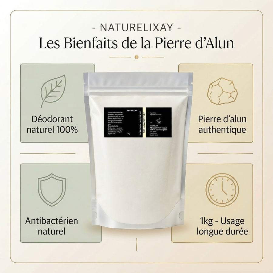 Poudre d’Alun Surfine 1 kg - Déodorant naturel au potassium d’alun – produit naturel présenté par Natureluxy