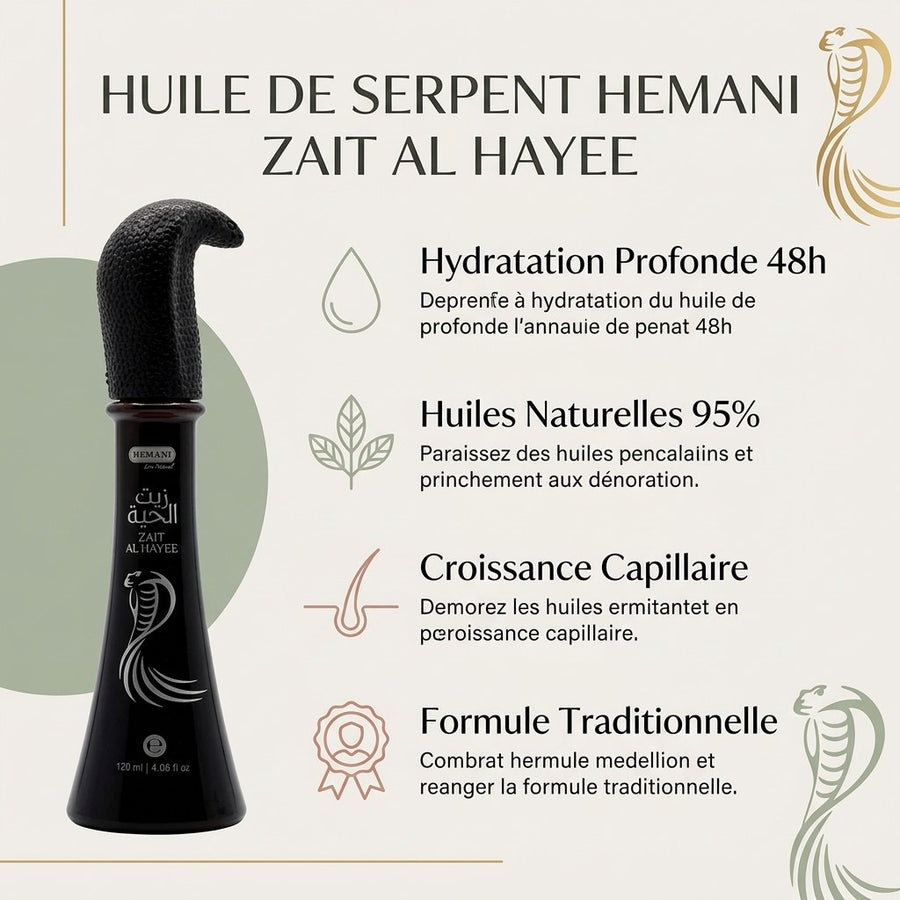 Huile de Serpent 120 ml Hemani Zait Al Hayee - Huile capillaire aux huiles végétales – produit naturel présenté par Natureluxy