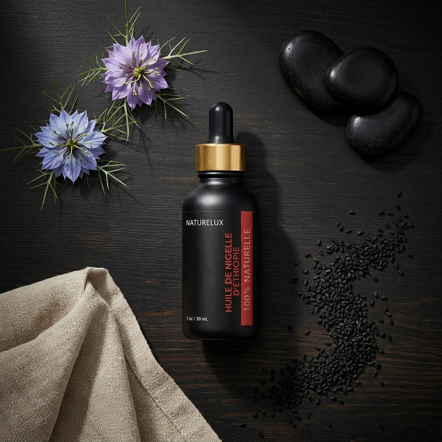 Huile de Nigelle d’Éthiopie 30 ml - Pipette Cheveux et Peau – produit naturel présenté par Natureluxy