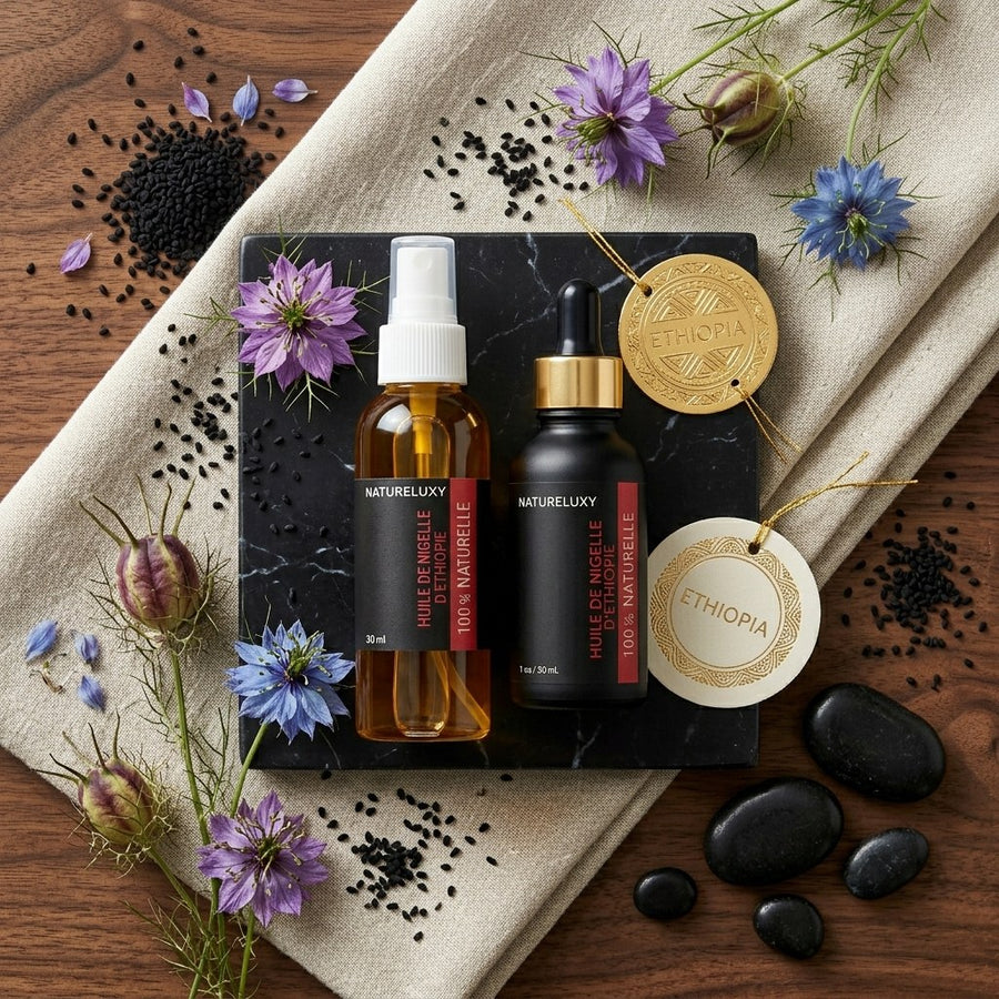 Huile de Nigelle d'éthiopie 30mL pipette +Huile de Nigelle d'éthiopie 30mL Spray – produit naturel présenté par Natureluxy