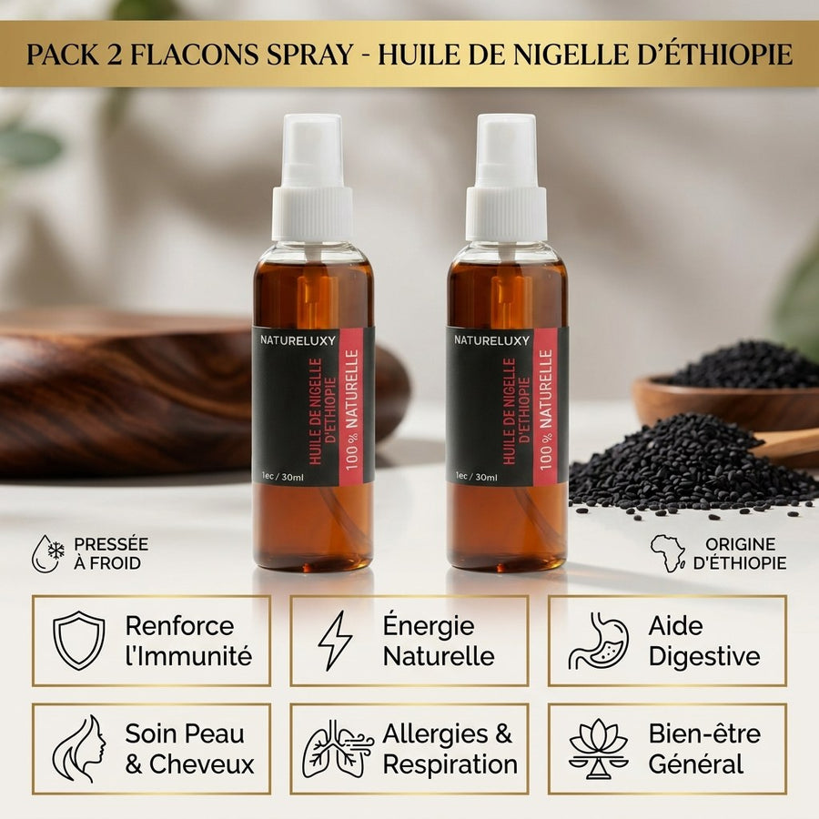 Lot de 2 Huiles de Nigelle d'éthiopie 30mL spray 100% naturelle – produit naturel présenté par Natureluxy