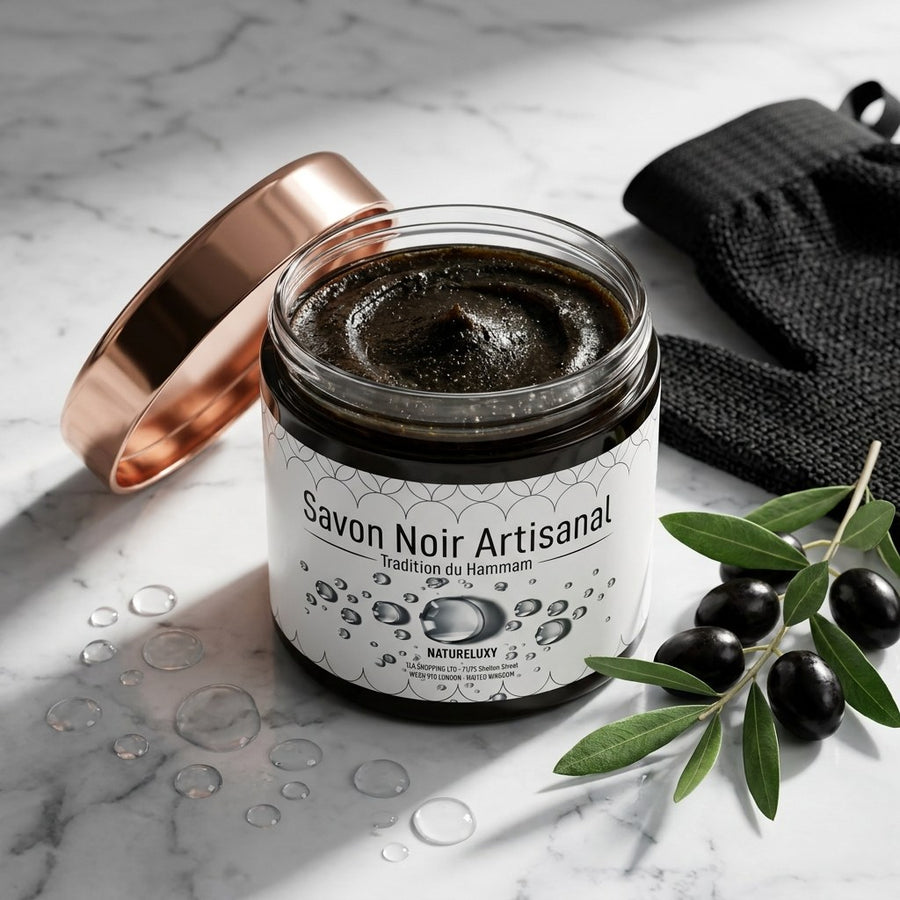 Savon noir marocain 300 g – Pâte exfoliante pour hammam (usage externe) – produit naturel présenté par Natureluxy