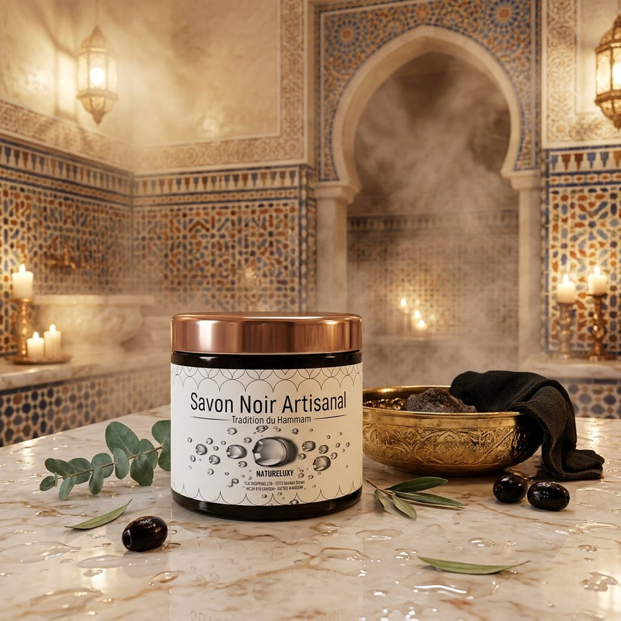 Savon noir marocain 300 g – Pâte exfoliante pour hammam (usage externe) – produit naturel présenté par Natureluxy