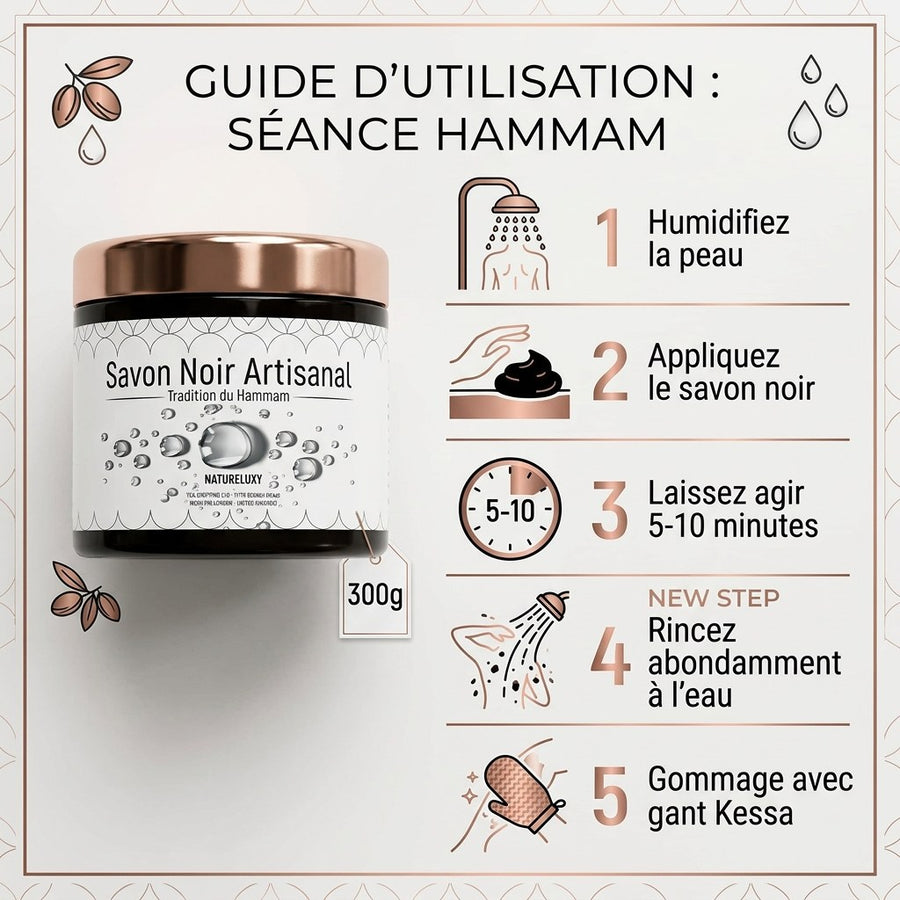 Savon noir marocain 300 g – Pâte exfoliante pour hammam (usage externe) – produit naturel présenté par Natureluxy