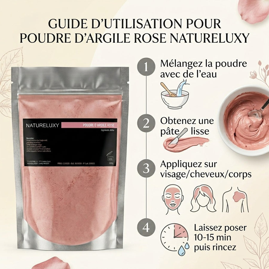 Argile rose en poudre 250 g – Usage externe (masque visage, cheveux, bain) – produit naturel présenté par Natureluxy