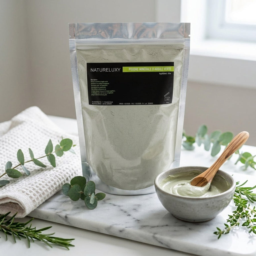 Argile verte en poudre 500 g – Usage externe (visage, cheveux, bains) – produit naturel présenté par Natureluxy