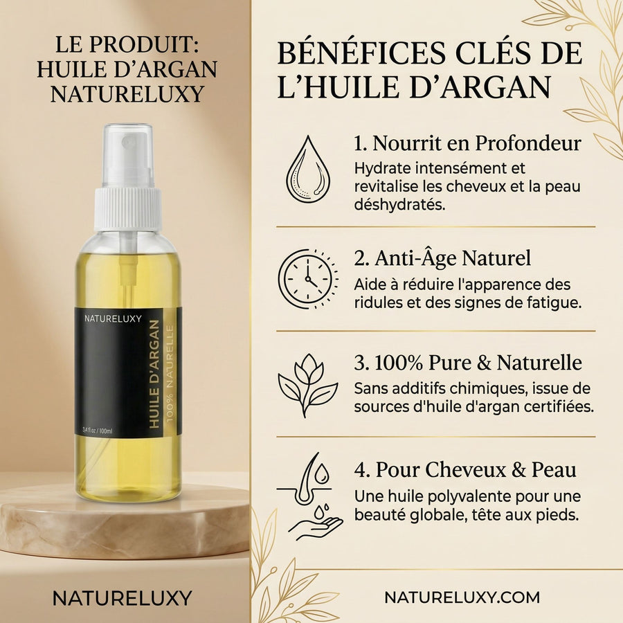Huile d'Argan 100mL spray 100% naturelle – produit naturel présenté par Natureluxy