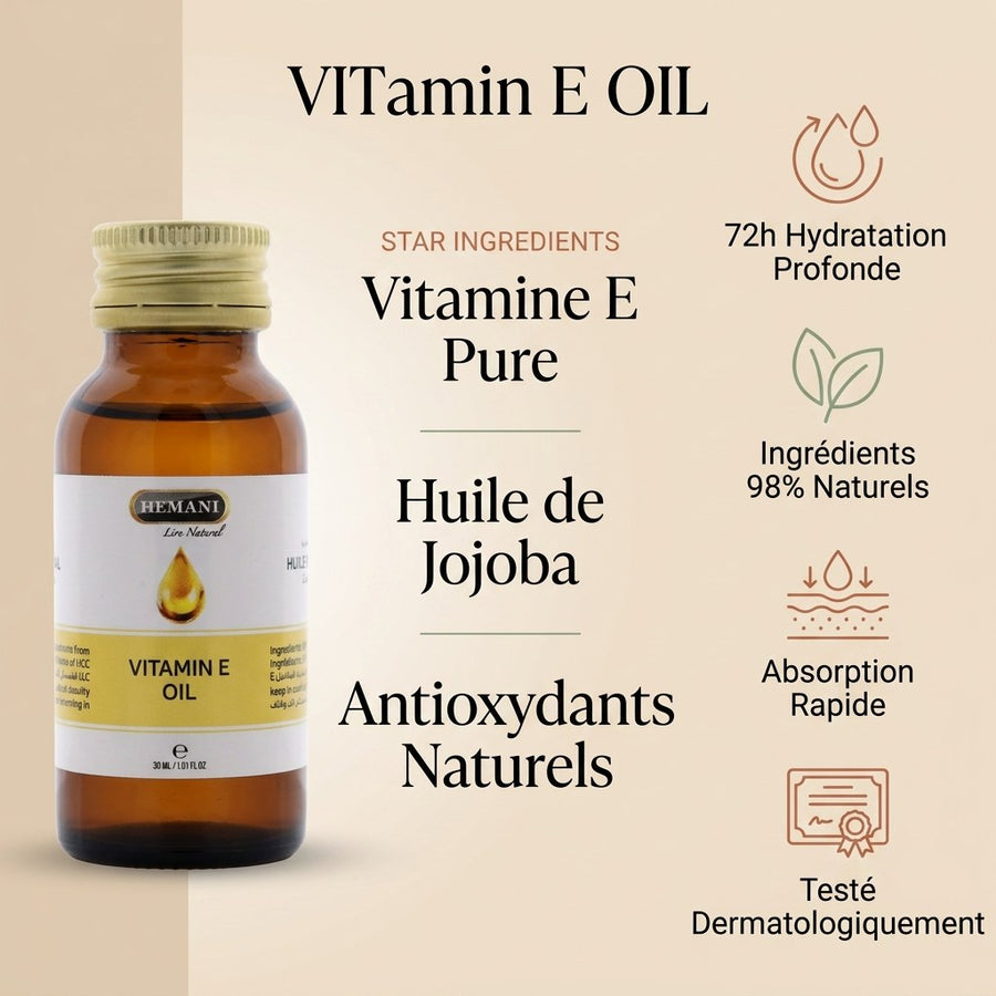 Lot de 3 Huiles de Vitamine E Hemani 30 mL - 100% naturelle – produit naturel présenté par Natureluxy