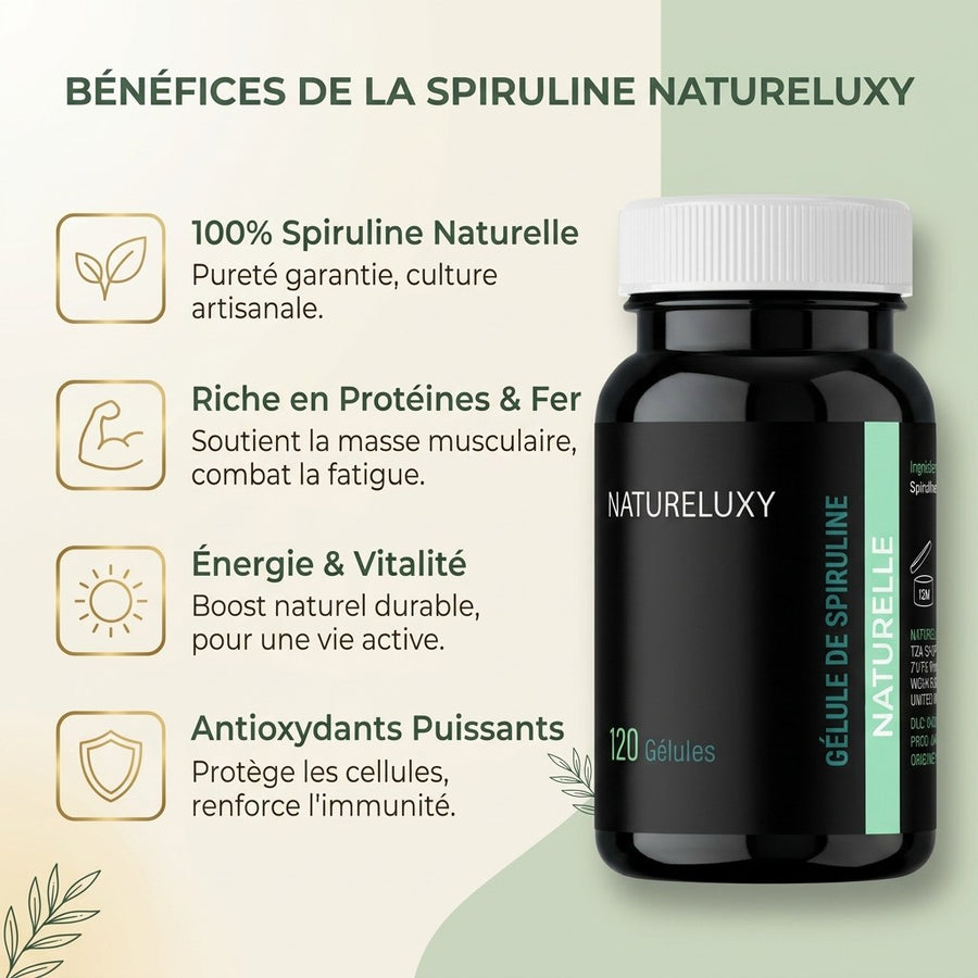 Spiruline 120 Gélules Végétales 300 mg – produit naturel présenté par Natureluxy