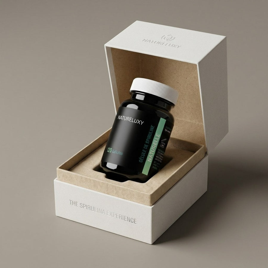 Spiruline 120 Gélules Végétales 300 mg – produit naturel présenté par Natureluxy