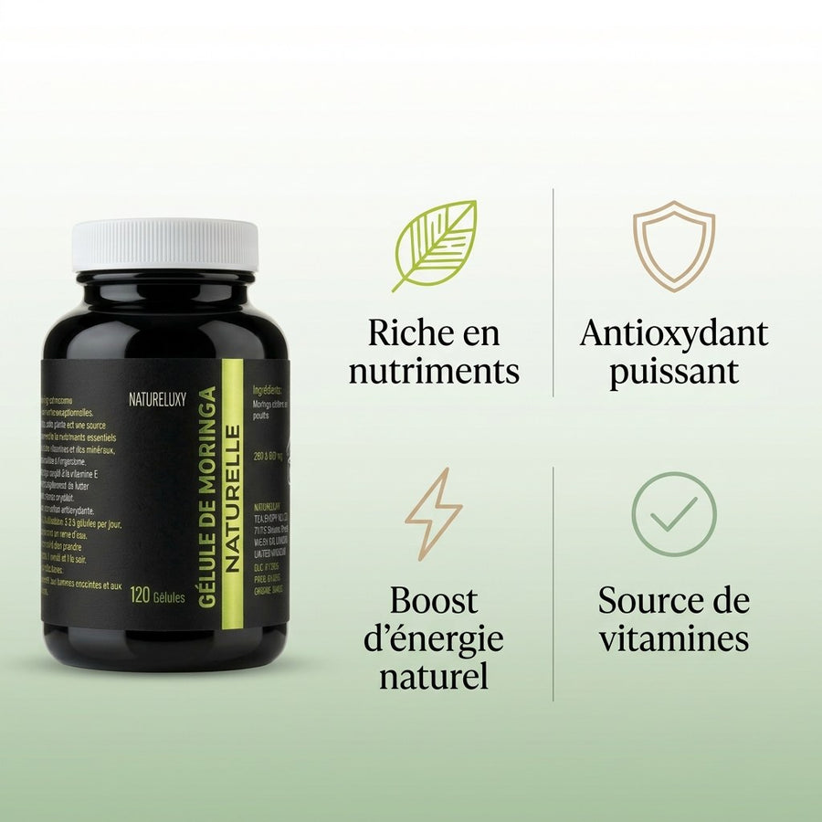 120 gélules de Moringa 100% végétales - 300mg – produit naturel présenté par Natureluxy