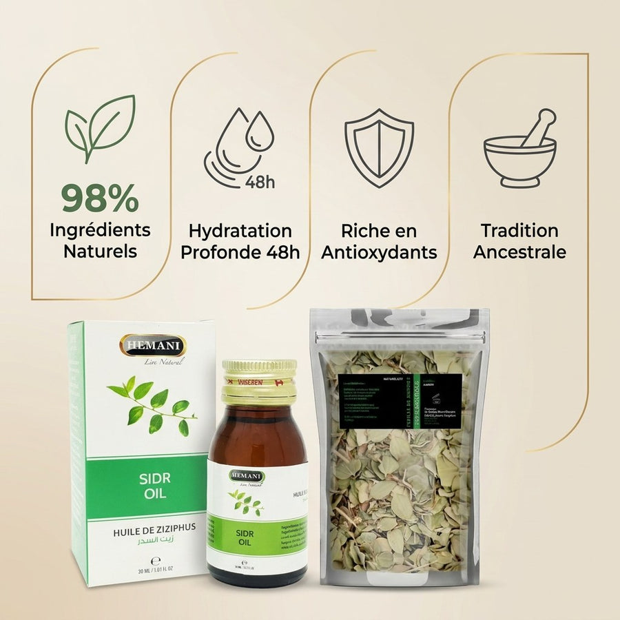 Pack Huile de Sidr 30mL Hemani + Feuille de Sidr (Feuilles de Jujubier) – produit naturel présenté par Natureluxy