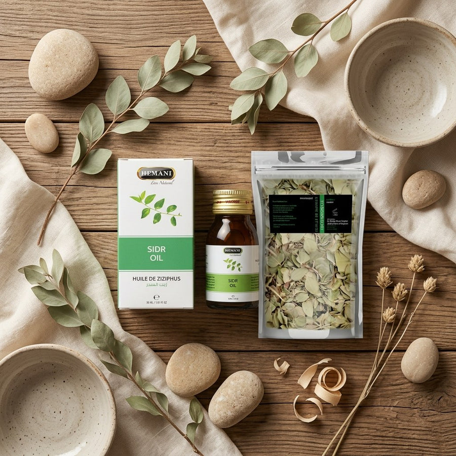 Pack Huile de Sidr 30mL Hemani + Feuille de Sidr (Feuilles de Jujubier) – produit naturel présenté par Natureluxy