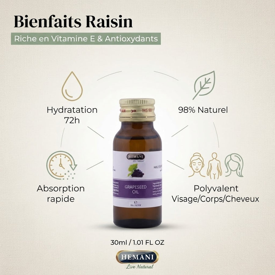 Huile de Pépin de Raisin 30mL 100% Naturelle Hemani – produit naturel présenté par Natureluxy