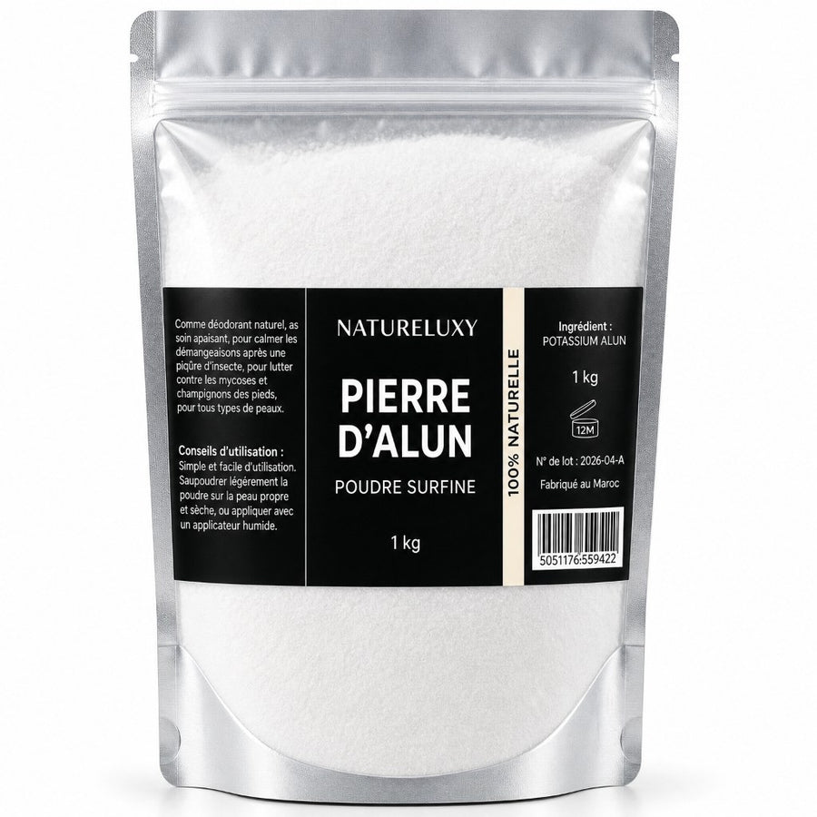 Poudre d’Alun Surfine 1 kg - Déodorant naturel au potassium d’alun – produit naturel présenté par Natureluxy