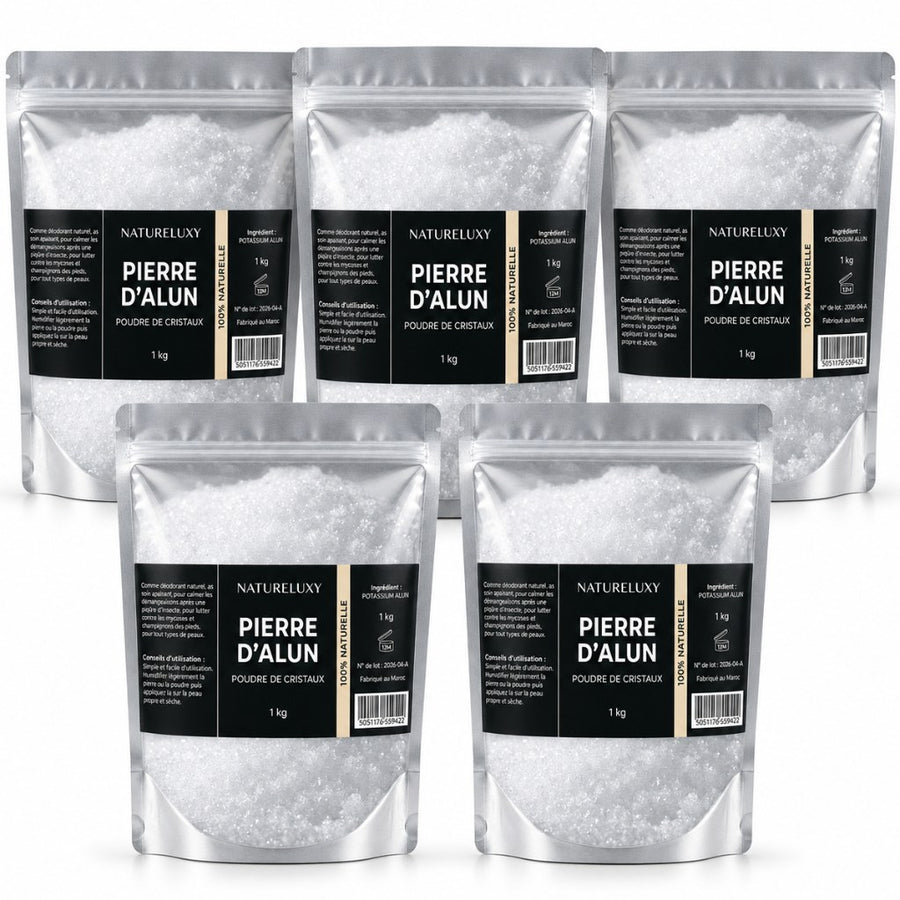Pierre d’Alun en Poudre 5 kg — Usage Cosmétique – produit naturel présenté par Natureluxy