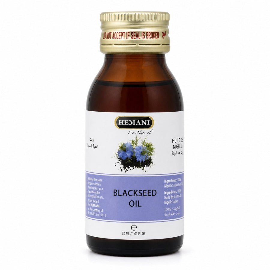 Huile de Nigelle Hemani 30ml – 100% Naturelle Cheveux & Peau (Habba Sawda / Black Seed Oil) – produit naturel présenté par Natureluxy