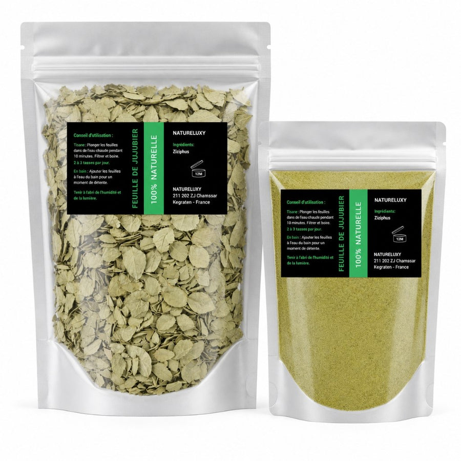 Pack Feuille de Sidr 100g + Poudre de Sidr 80g (Feuilles de Jujubier) – produit naturel présenté par Natureluxy