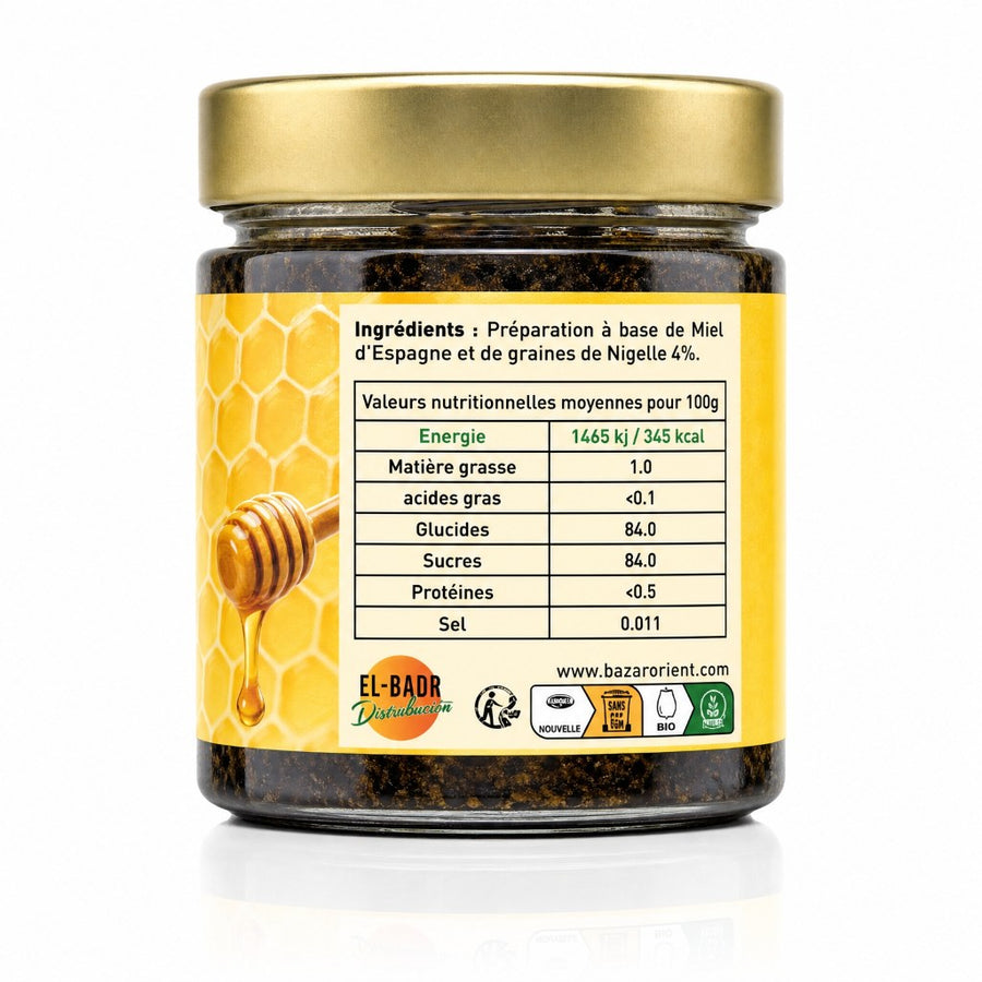 Miel & Nigelle 100% Naturelle 250 g – Miel de montagne & nigelle moulue – produit naturel présenté par Natureluxy