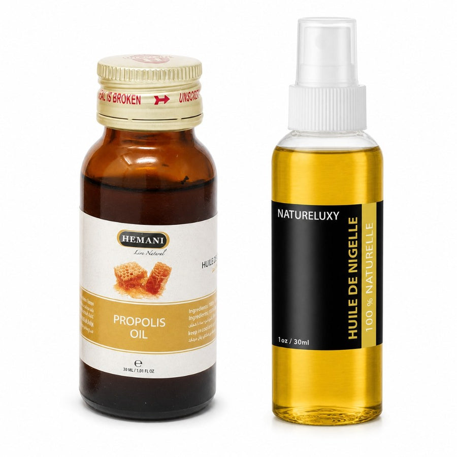 Pack Huile de Nigelle 30mL Spay + Huile de Propolis 30mL Hemani – produit naturel présenté par Natureluxy