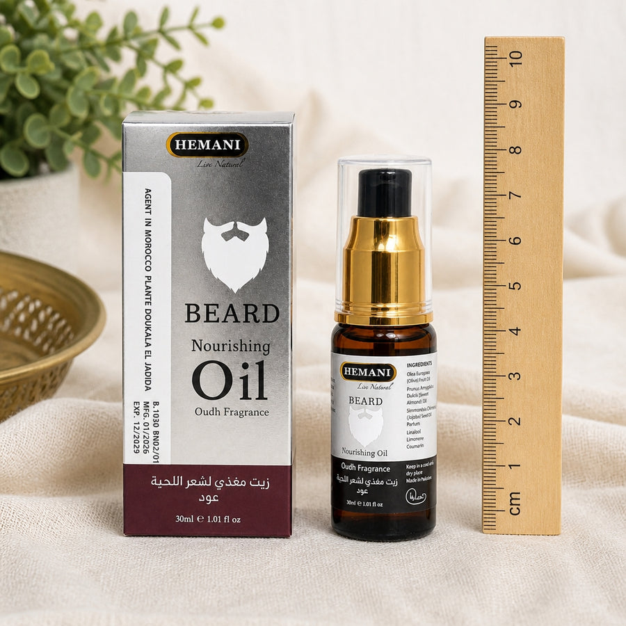 Huile à Barbe senteur oud Hemani — référence d'échelle avec règle 10 cm