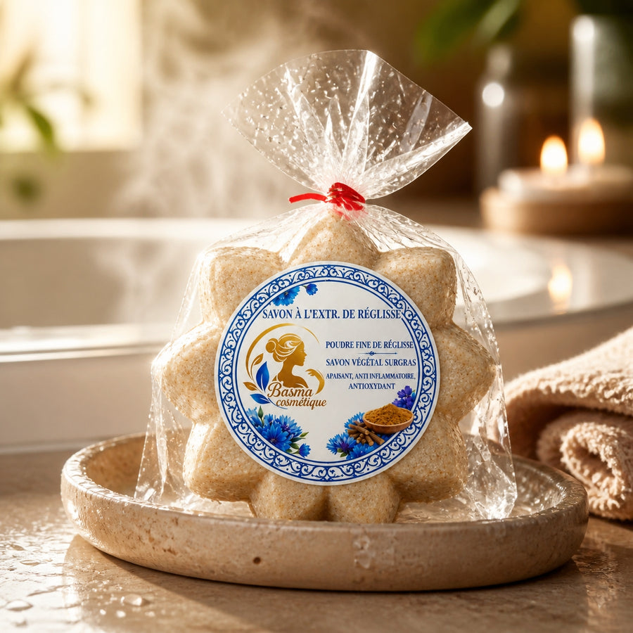 Savon à la réglisse sur pierre à savon – ambiance salle de bain