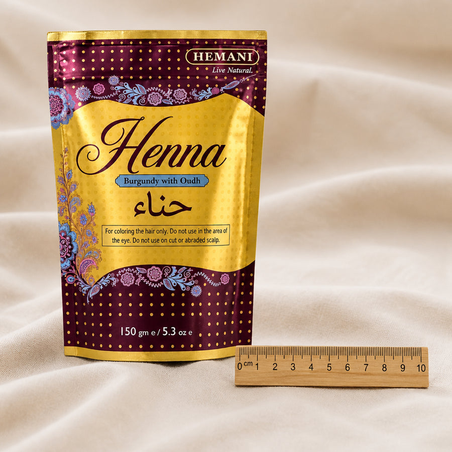 Poudre de Henné Burgundy Hemani - 150g - référence échelle 10 cm avec règle en bois, packaging d'origine préservé