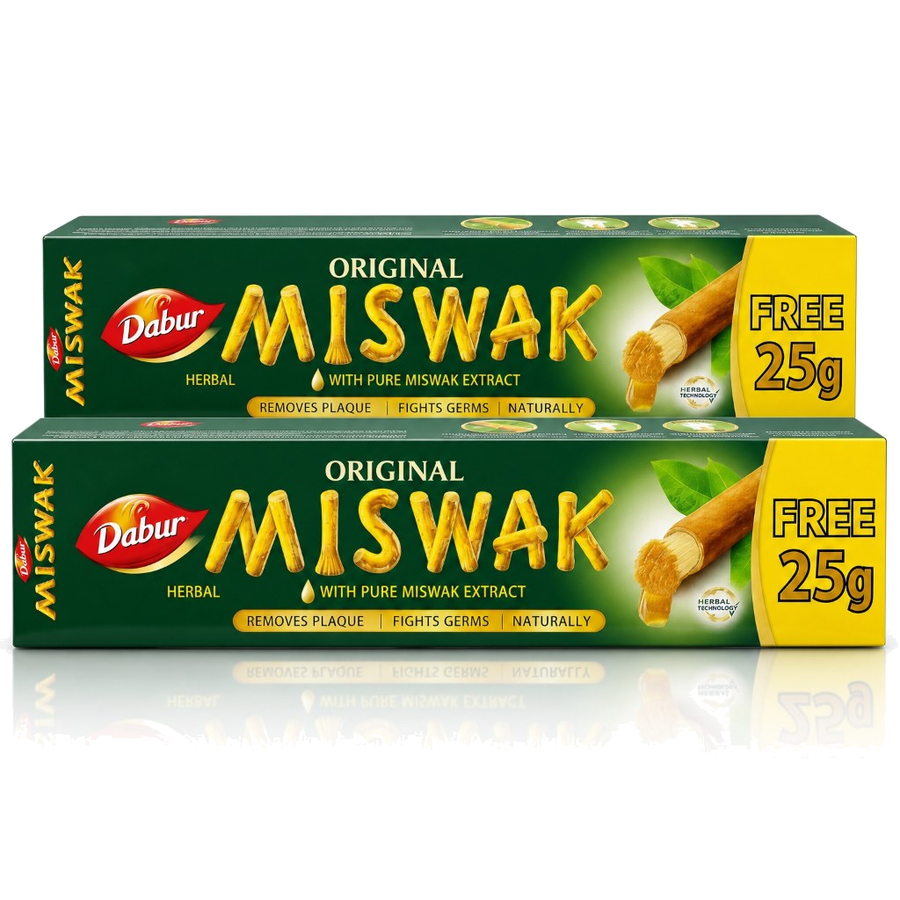 Lot de 2 Dabur Miswak Dentifrice sans fluor – (50 g + 25 g) – Extrait d’Al-Arak – produit naturel présenté par Natureluxy