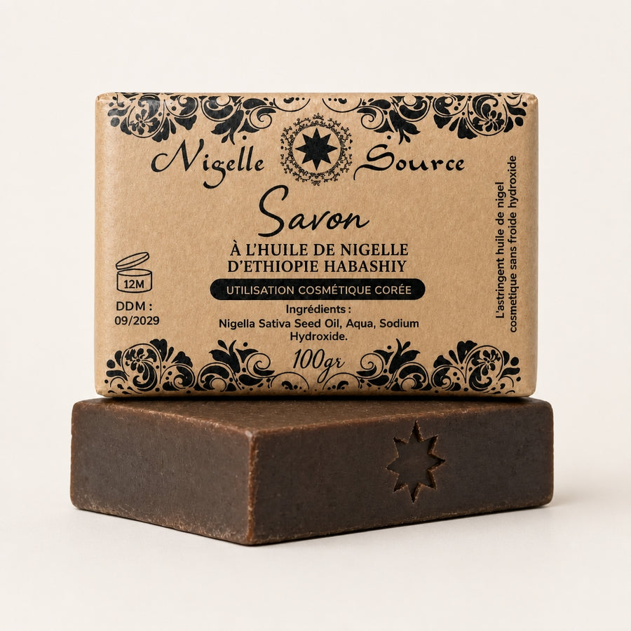 Savon à l'huile de nigelle d'Éthiopie 100 g — vue principale hero, packaging artisanal conservé