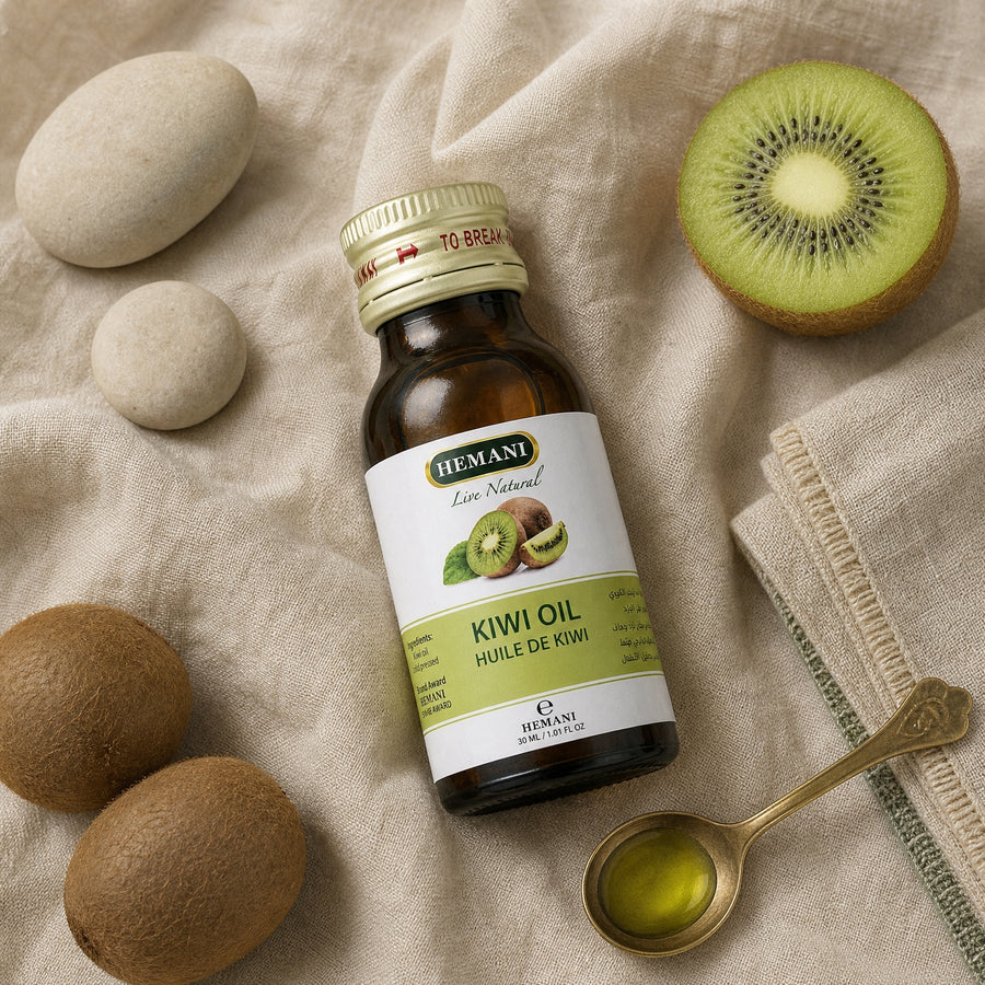Hemani Huile de Kiwi 30 mL — Composition flat-lay naturelle