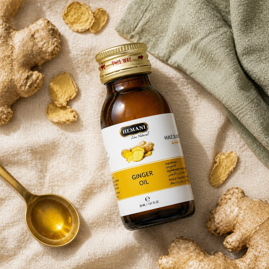 Huile de Gingembre 30mL 100% Naturelle Hemani - ambiance flatlay vue du dessus, packaging d'origine préservé