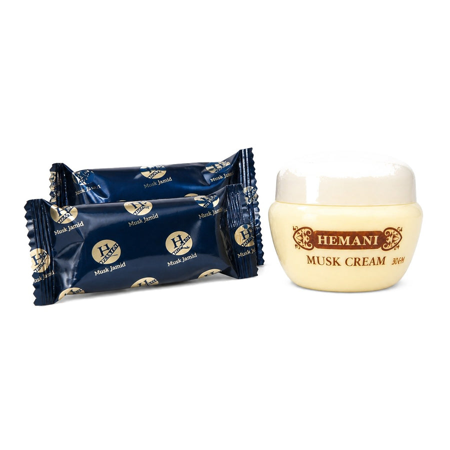 Pack crème musc + 2 carrés de musc blanc jamid Hemani – parfum solide – produit naturel présenté par Natureluxy