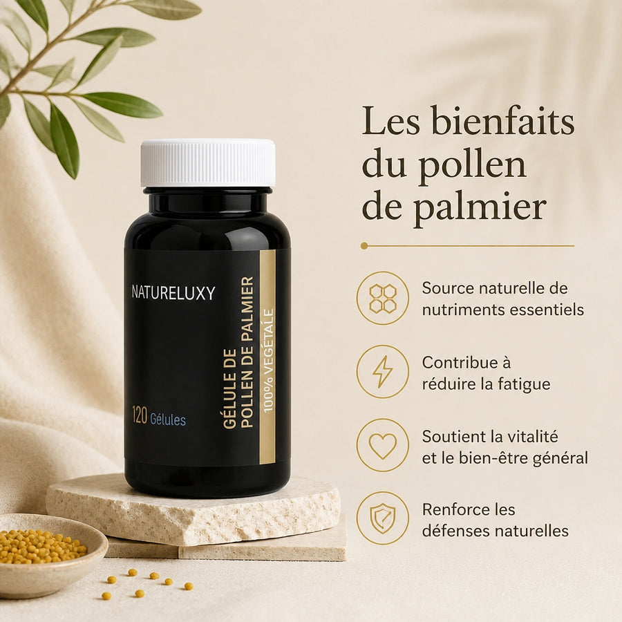 240 gélules Pollen de Palmier Natureluxy ‑5 % — infographie des bienfaits en français