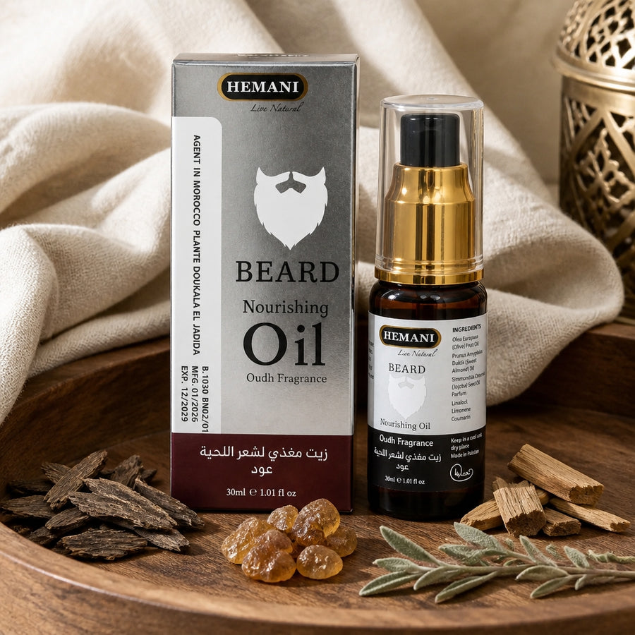 Huile à Barbe senteur oud Hemani — vue lifestyle ambiance boisée et oud
