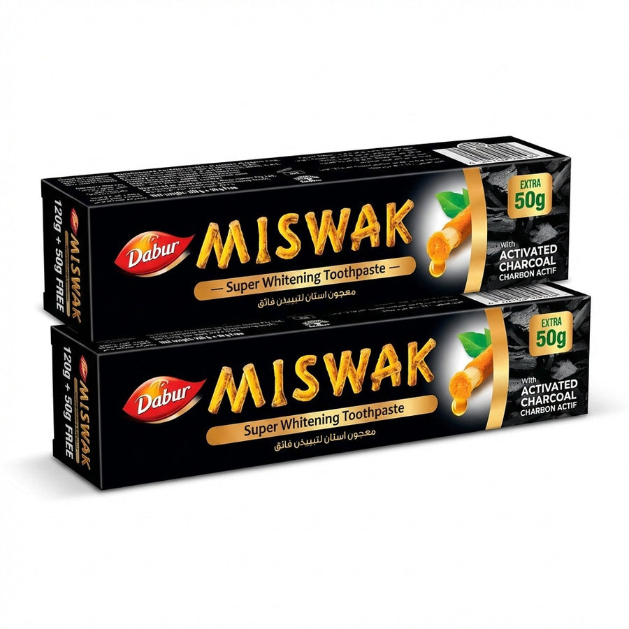 Lot de 2 – Dabur Miswak Dentifrice Blanchissant au Charbon Actif – 120 g + 50 g Offert (x2)