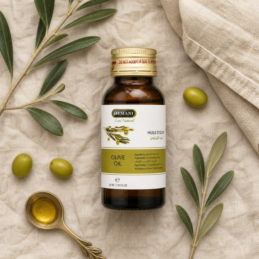 Hemani Huile d'Olive Cosmétique 30 mL — Composition flat-lay naturelle