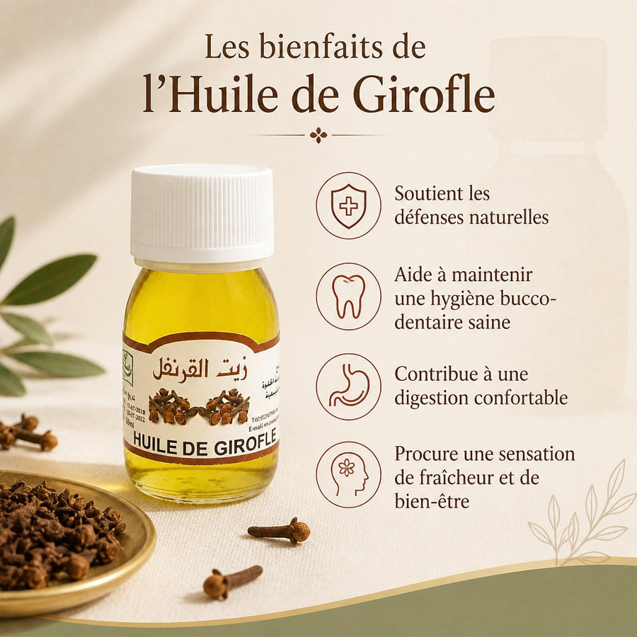 Huile de Girofle 30 mL — infographie des bienfaits en français