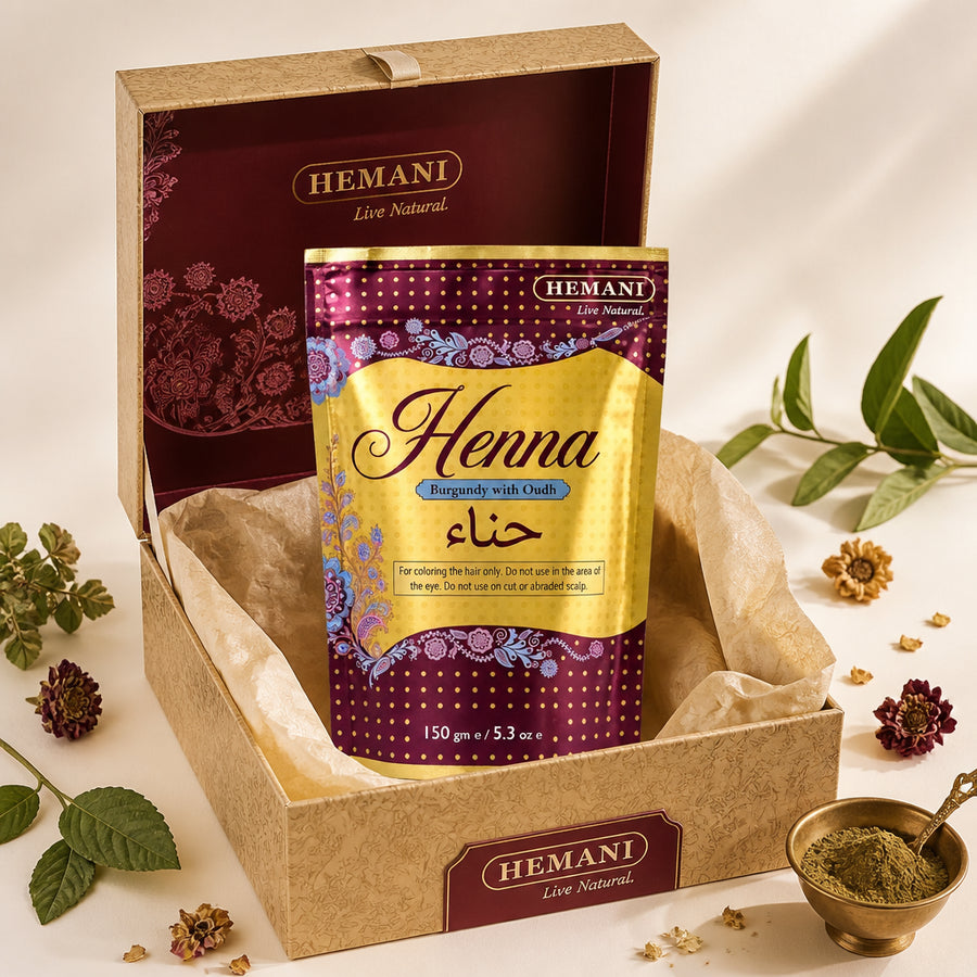 Poudre de Henné Burgundy Hemani - 150g - coffret packaging cadeau premium, packaging d'origine préservé
