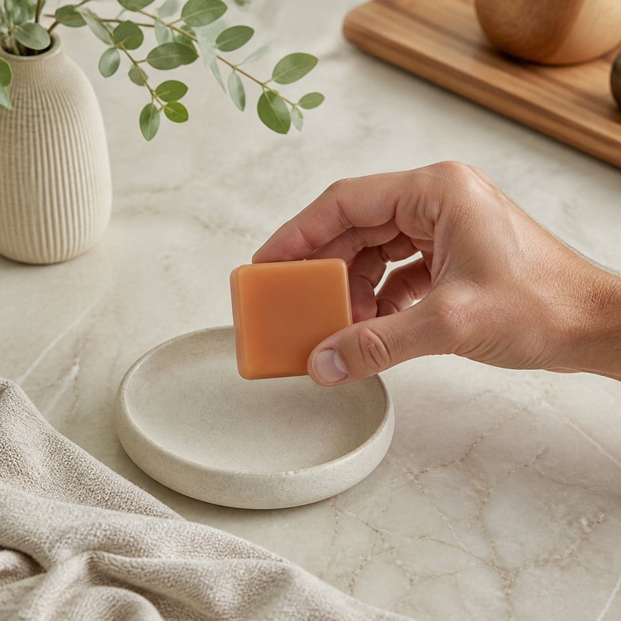 Lot de 1 carré de musc orange – parfum solide – application en situation réelle, geste de soin quotidien