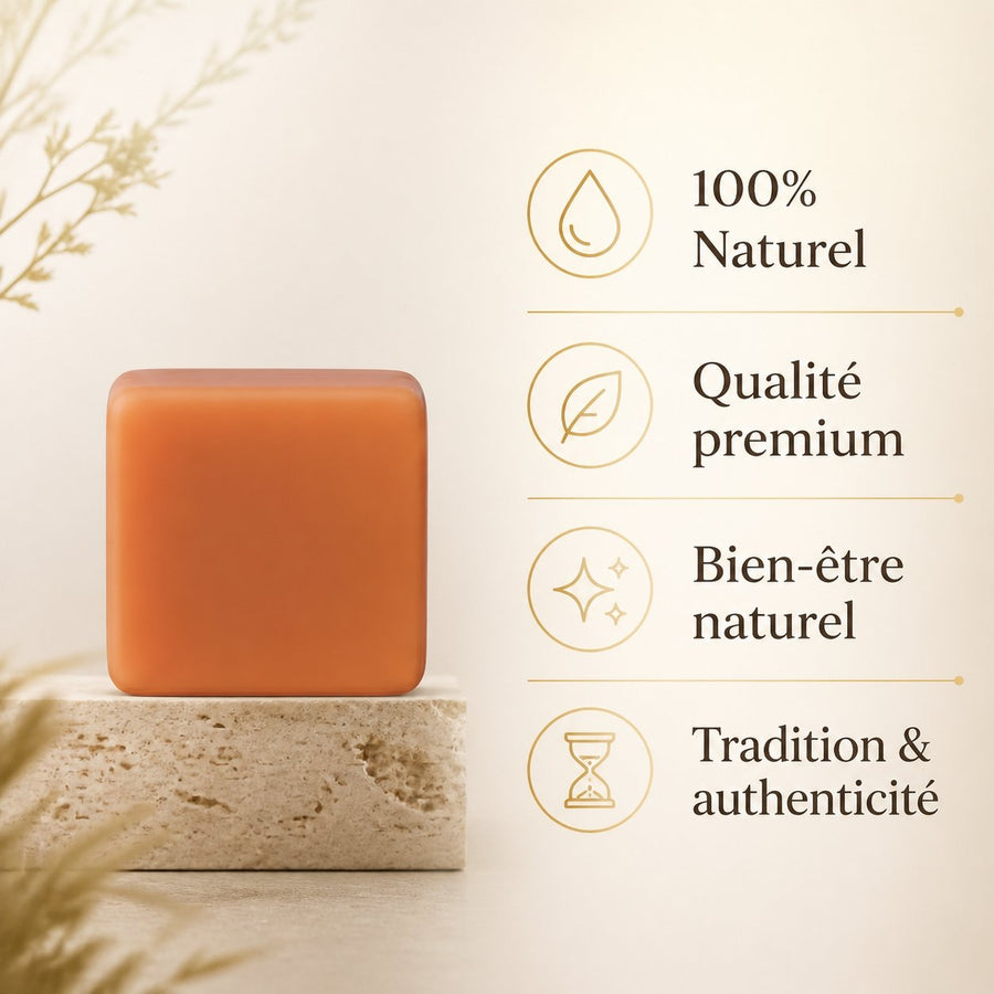 Lot de 1 carré de musc orange – parfum solide – infographie des bienfaits et des ingrédients clés
