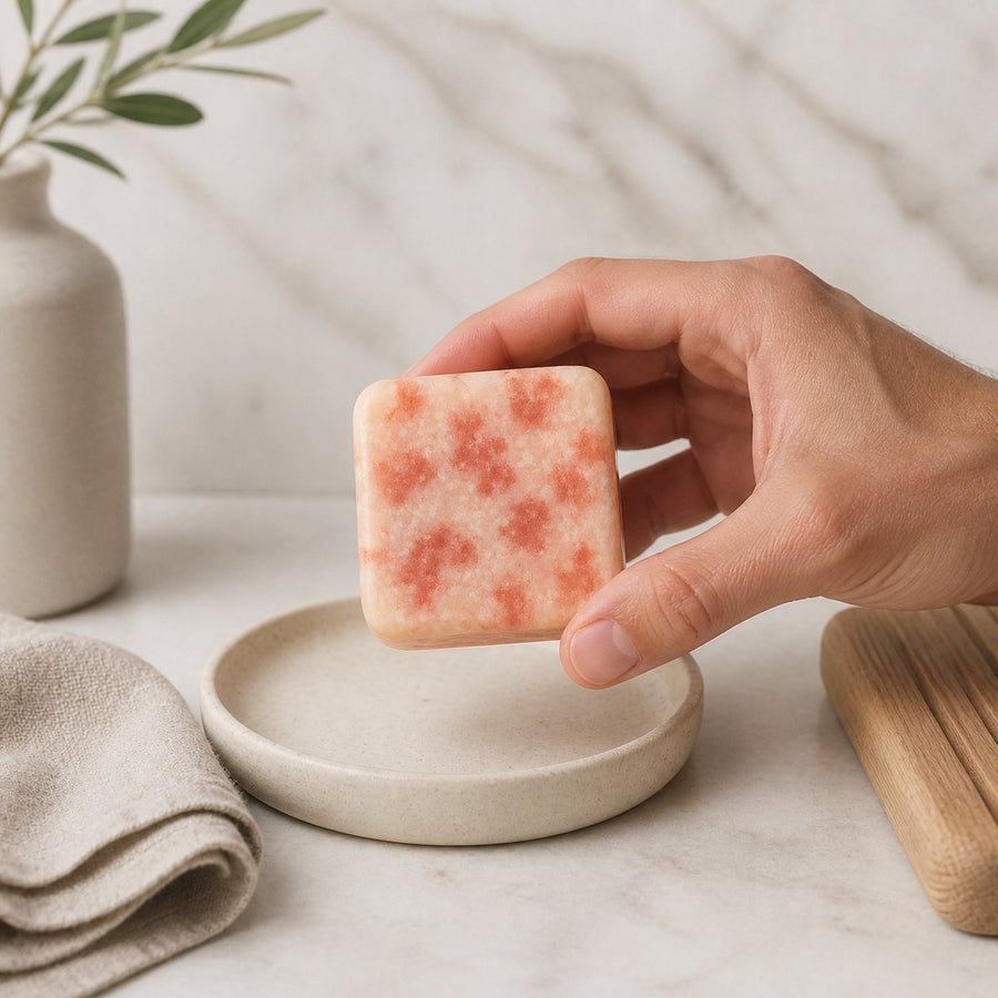 Lot de 1 carré de musc cannelle – parfum solide – application en situation réelle, geste de soin quotidien