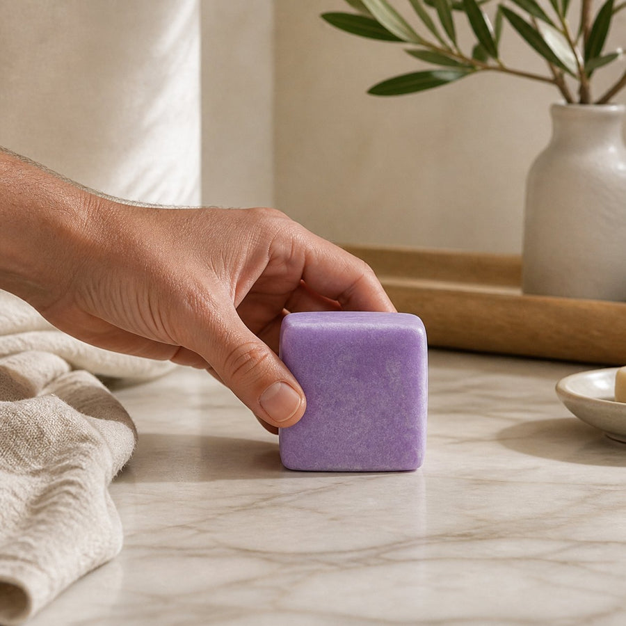 Lot de 1 carré de musc lavande – parfum solide – application en situation réelle, geste de soin quotidien