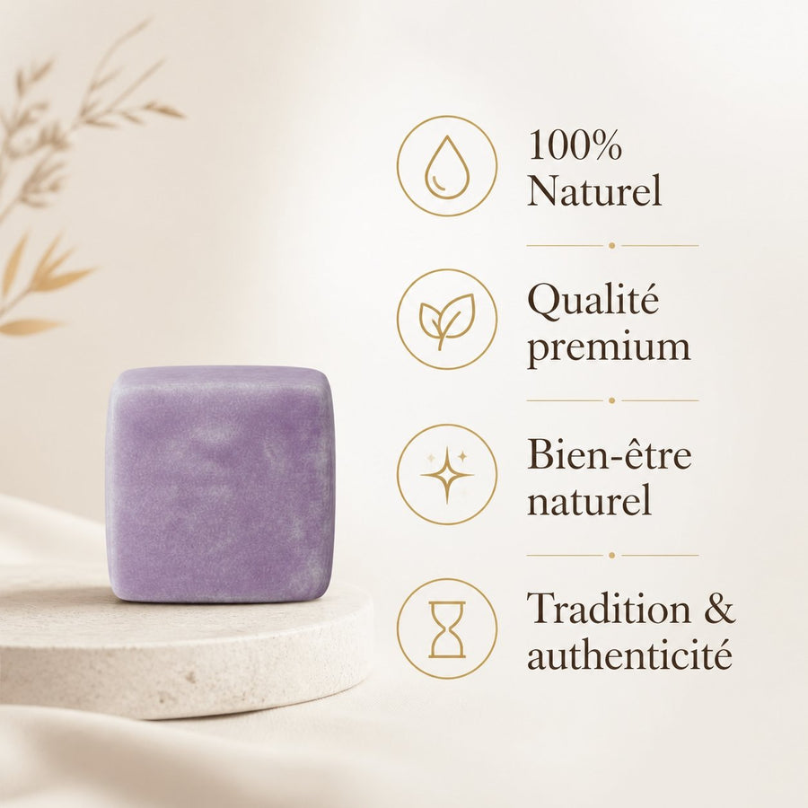 Lot de 1 carré de musc lavande – parfum solide – infographie des bienfaits et des ingrédients clés