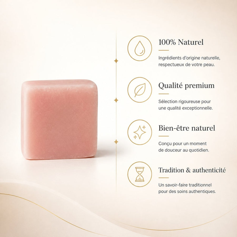 Lot de 1 carré de musc rose – parfum solide – infographie des bienfaits et des ingrédients clés