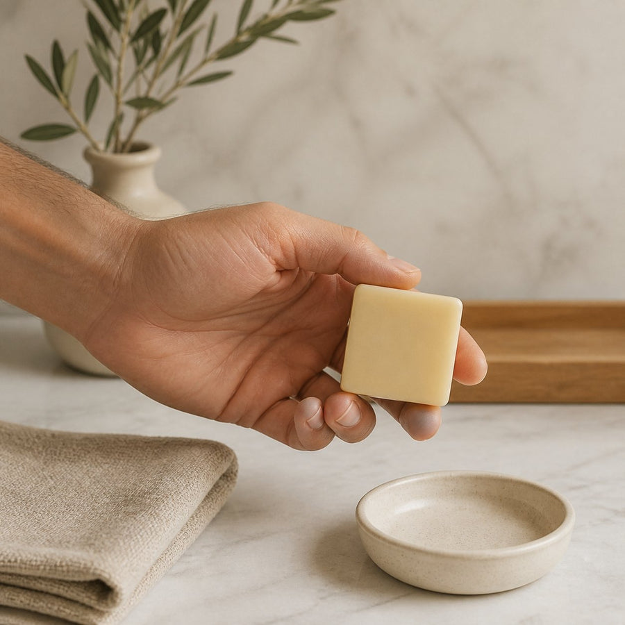 Lot de 1 carré de musc vanille – parfum solide – application en situation réelle, geste de soin quotidien