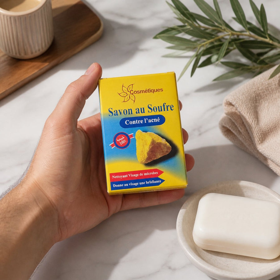1 Crème à la bave d'escargot + 1 Savon soufre Fabio 80g – application en situation réelle, geste de soin quotidien