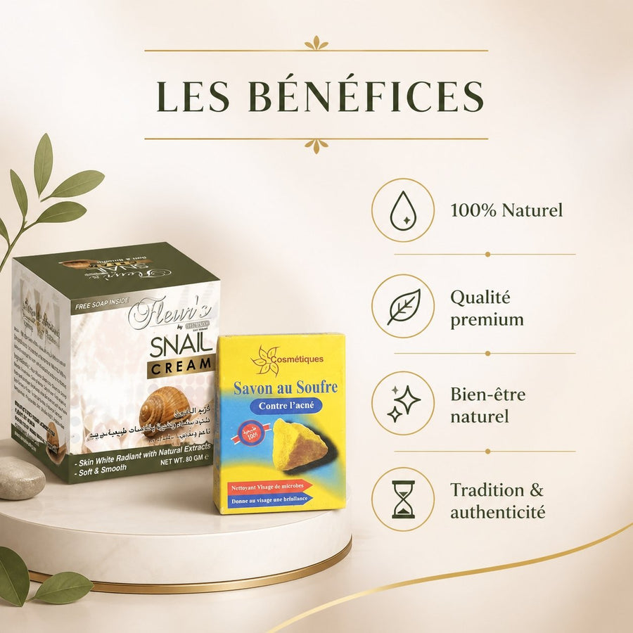 1 Crème à la bave d'escargot + 1 Savon soufre Fabio 80g – infographie des bienfaits et des ingrédients clés